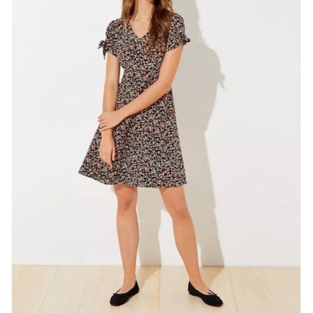 Loft Dress Sz 0 Tie Sleeve Pocket Flare Black Multi Ditsy Floral Mini Skater $90